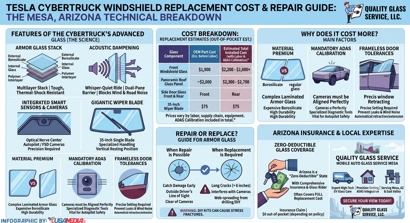 Tesla Cybertruck Windshield Replacement & Repair Costs in Arizona